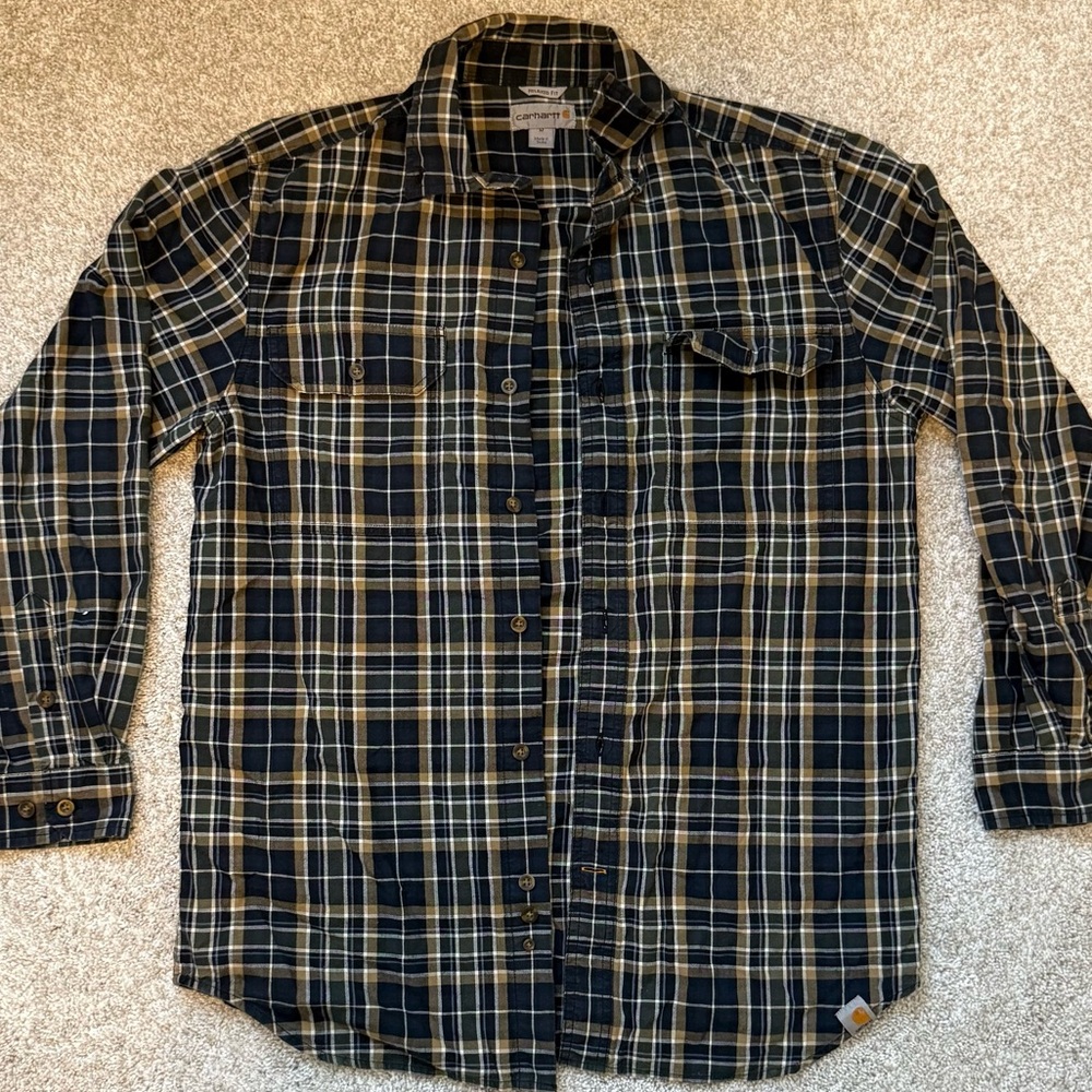 Carhartt Navy and Tan Plaid Long-Sleeve Button-Down Shirt